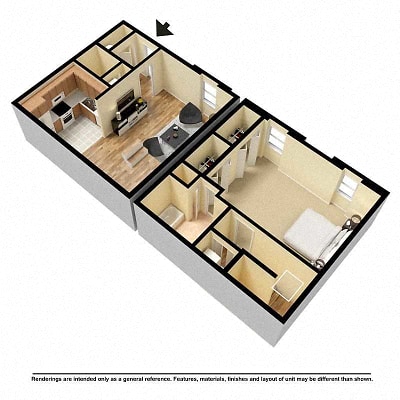 Floor plan for 1 bed, 1.5 baths, 900 sqft